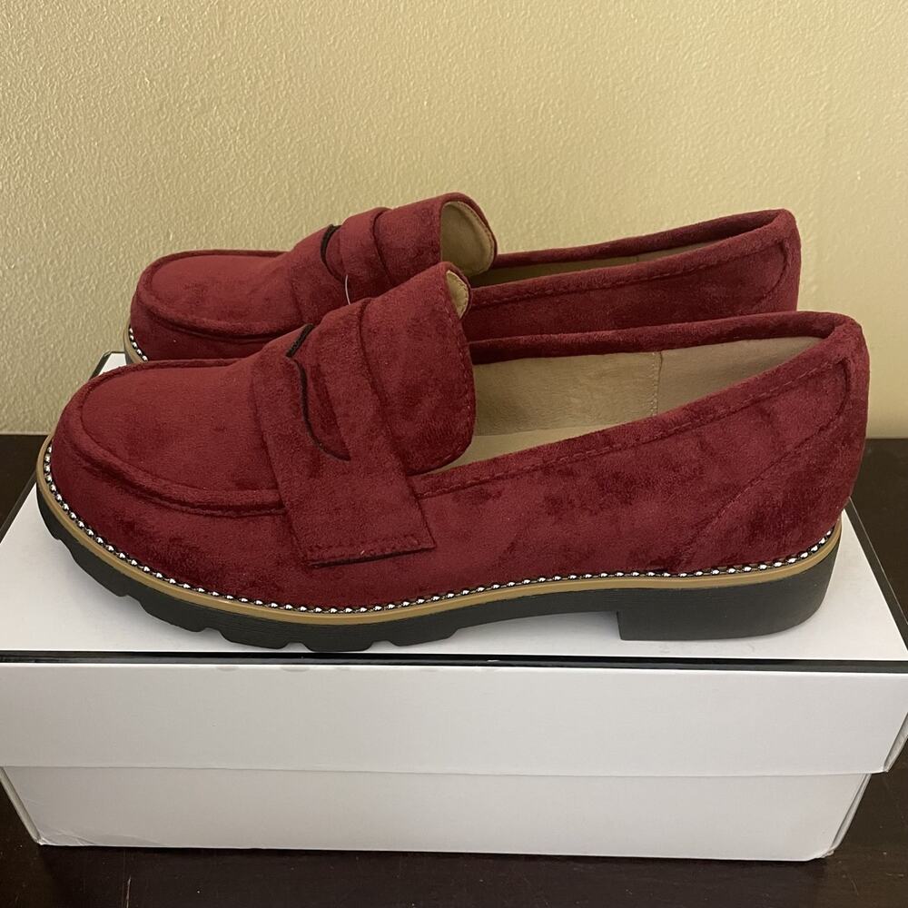 Taryn Women's Burgundy Suede Loafers Slip-On Comfort Flats Lug‎ Sole Shoes